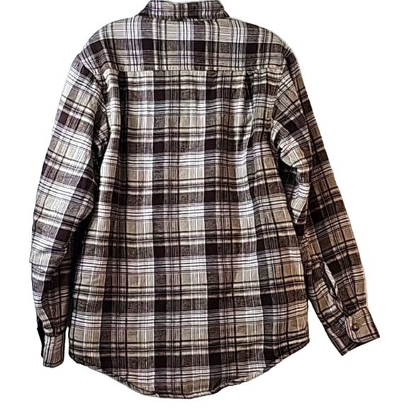 Wrangler Mens Sz Small Brown Plaid Flannel Pockets Quilted Lined Shacket Jacket - Picture 2 of 12